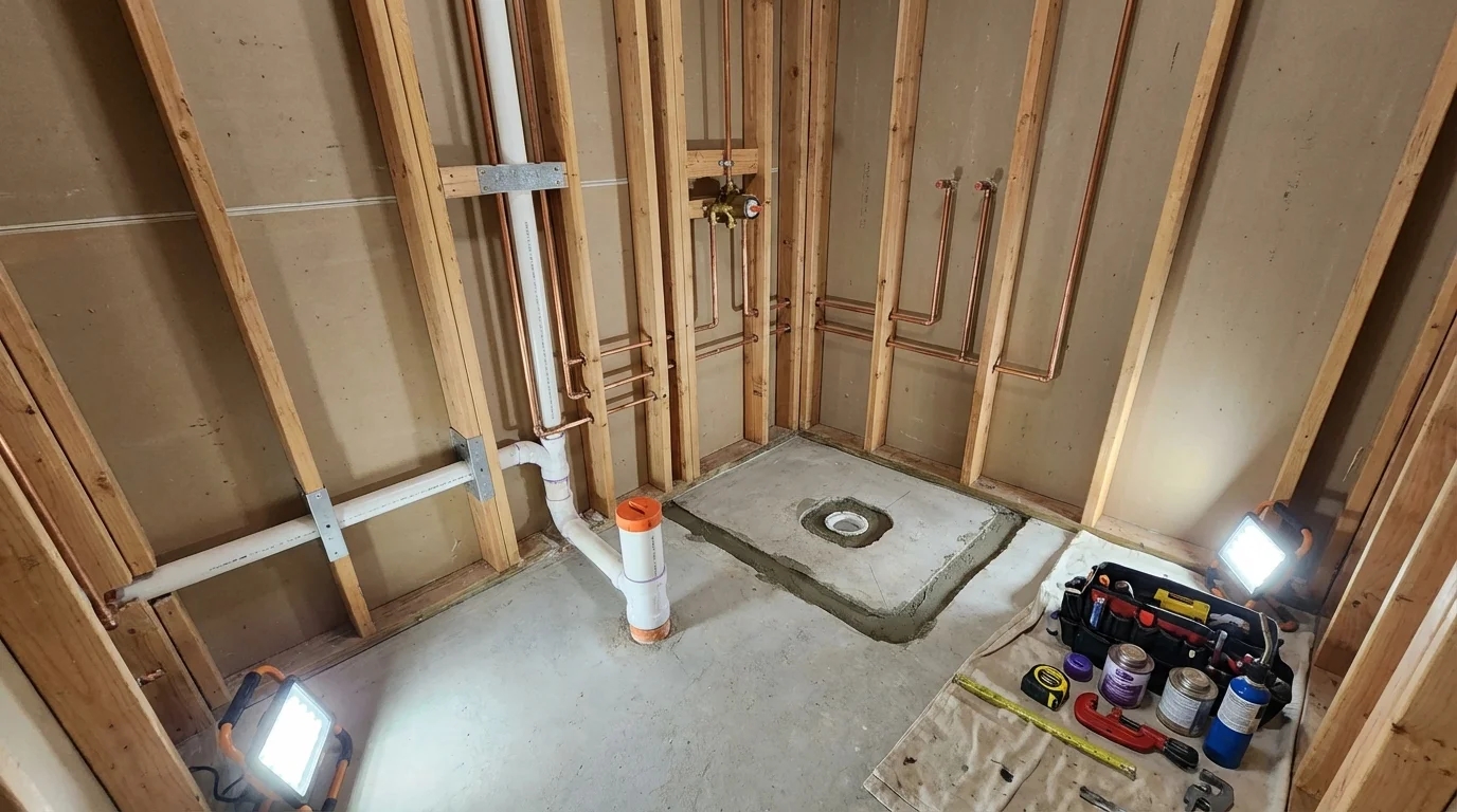 Bathroom rough-in plumbing during remodel by Johns Plumbing LLC in Coarsegold