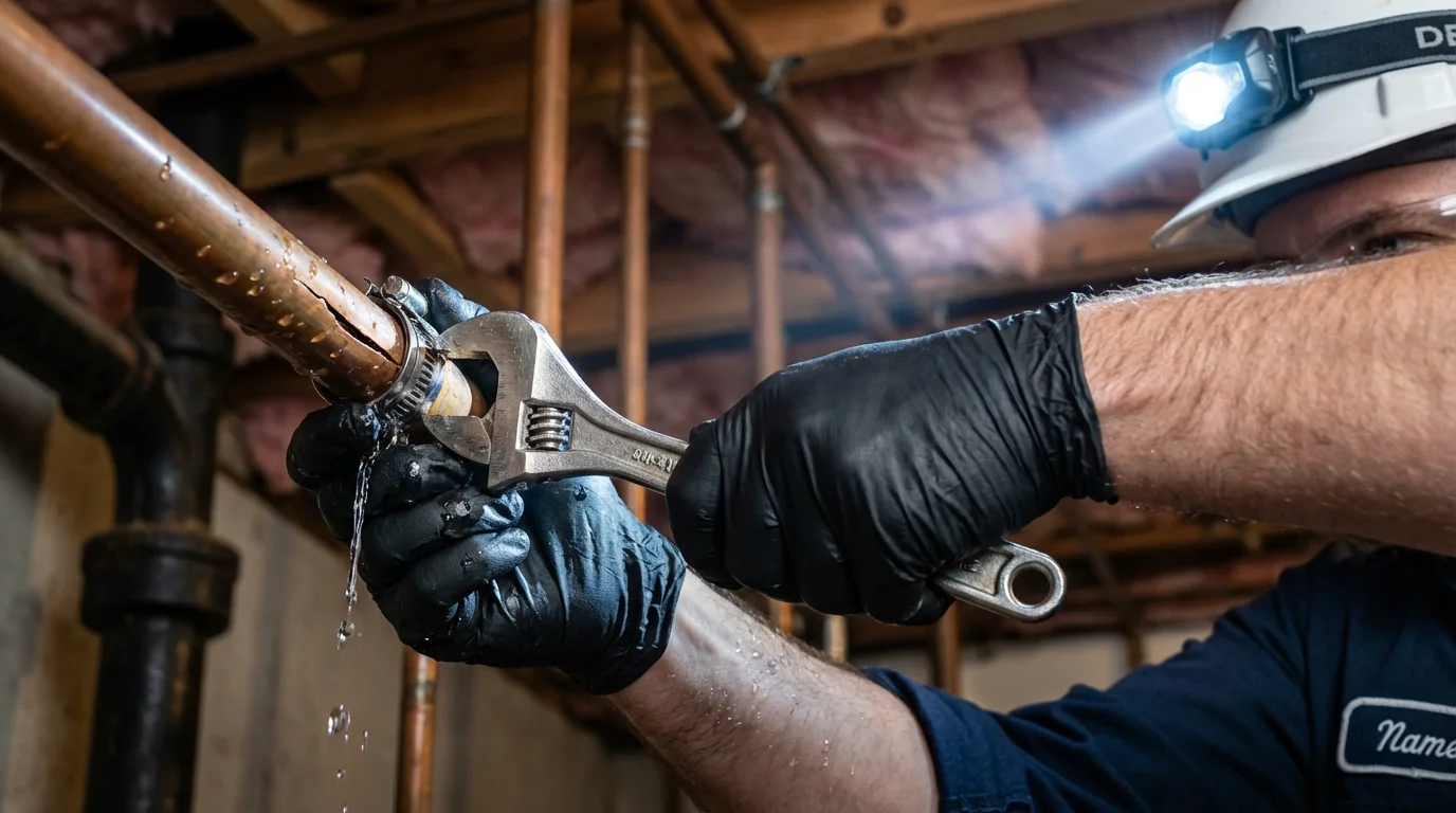 Emergency pipe clamp repair being performed by a Johns Plumbing LLC plumber in Coarsegold